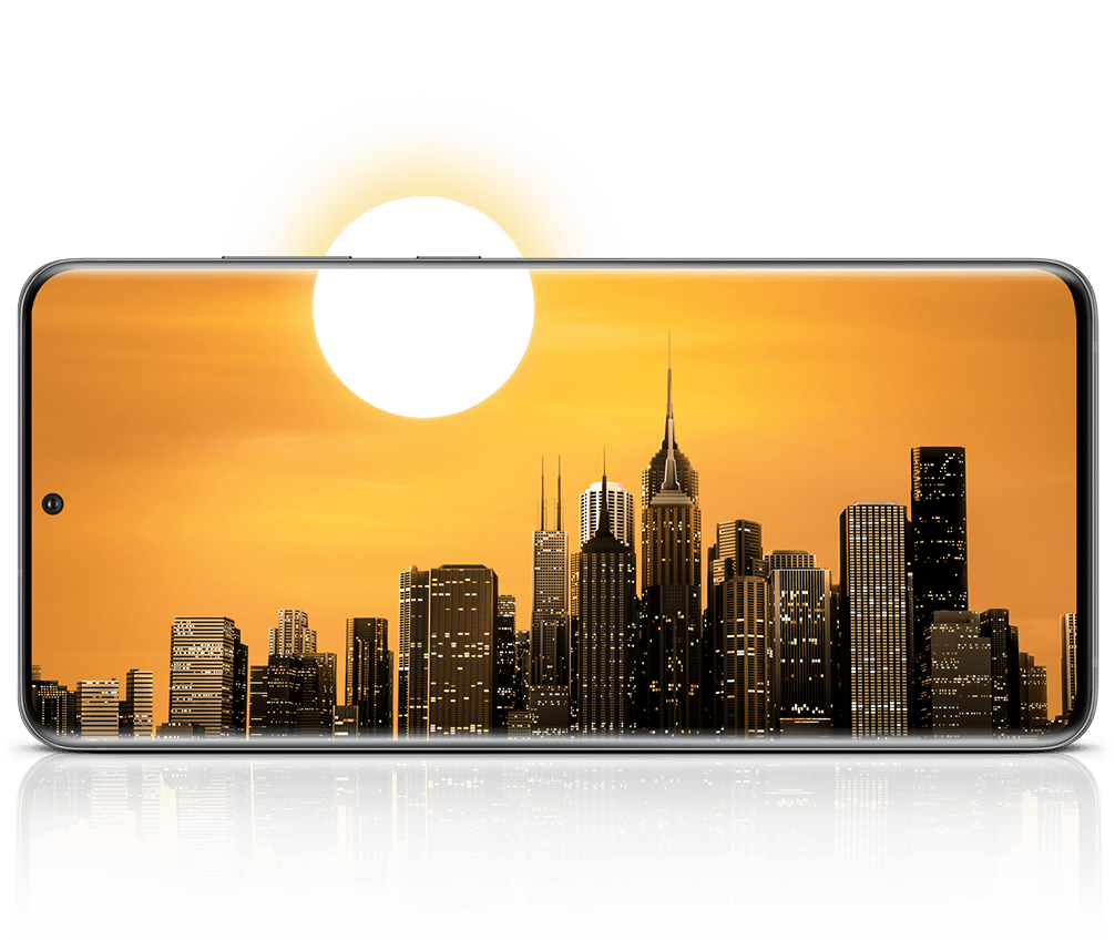 Galaxy S20 Ultra visto de frente en modo horizontal con un paisaje urbano en la pantalla. Una mitad del sol aparece dentro de la pantalla, mientras que la otra mitad está fuera de la pantalla para mostrar cómo la carga diaria de la batería puede durar más que tu día