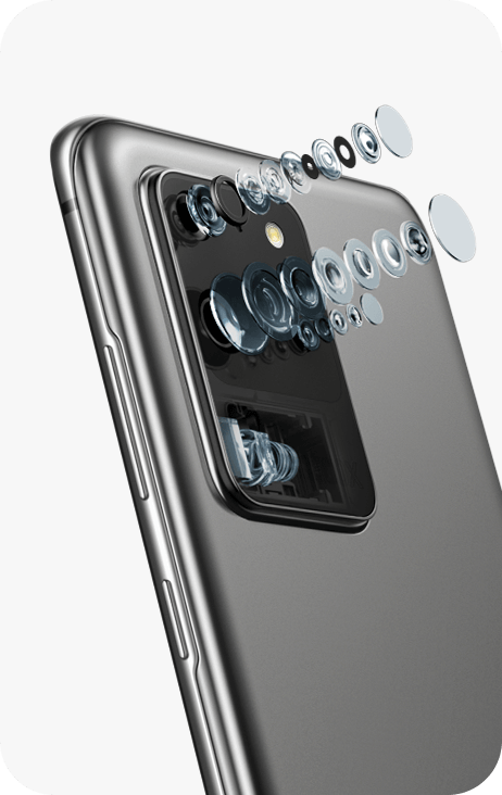Una imagen 3D simulada de las lentes de la cámara trasera del Galaxy S20 Ultra en gris