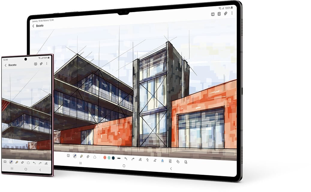 Galaxy Tab S8 Ultra y Galaxy S22 Ultra ambos vistos de frente. Ambos muestran la misma aplicación Samsung Notes en pantalla, con un boceto del diseño de un edificio para mostrar la continuidad fluida entre una pantalla y otra.