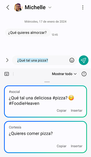 Un borrador de mensaje de texto se escribe en la barra de envío. “¿Y si comemos una pizza?” Chat Assist sugiere frases alternativas en diferentes tonos. El tono social dice: “¿Comemos una deliciosa #pizza? emoji riquísimo. #amolacomida”. El tono formal dice: “¿Quieres comer pizza?”.