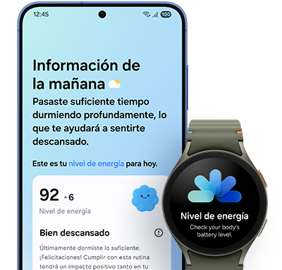 Un Galaxy S25 plus se ve desde la pantalla principal. Ahora Now Brief está activo. Morning Insight muestra la Energy Score actual que también se ha sincronizado con el Galaxy Watch.