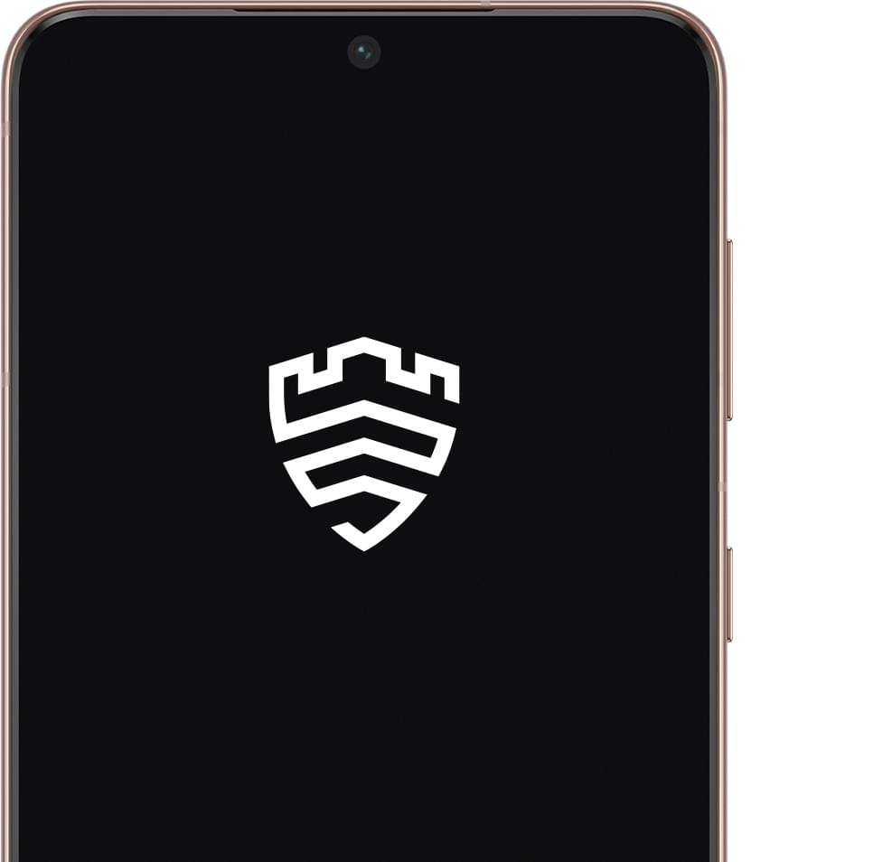 galaxy s21  5g的前视图,屏幕上显示是一个白色的三星knox徽标