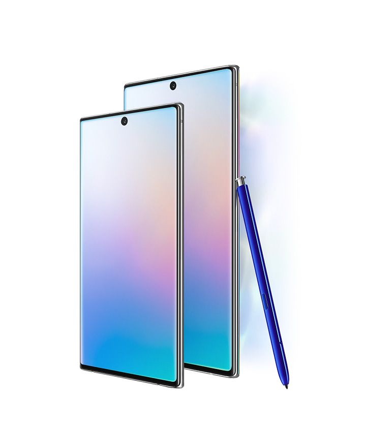 Un Galaxy Note10 y un Galaxy Note10 plus vistos en un ángulo de tres cuartos con un gráfico abstracto en pantalla. Junto al Galaxy Note10 y el Note10 plus dice “pantalla de 6.3 in” y junto al Galaxy Note10 plus dice “pantalla de 6.8 in con S Pen”
