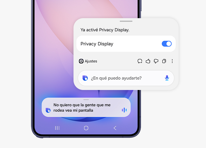 Bixby te ayuda a cambiar la configuración del dispositivo de forma rápida y sencilla. El usuario le dice a Bixby que no quiere que las personas a su alrededor vean su pantalla. Bixby le informa al usuario que ha activado la Pantalla de Privacidad.