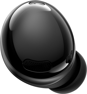 Galaxy Buds Pro earbuds in Phantom Black come into view and spin around each other. They stop, floating with bubbles around it to demonstrate the three-dimensional sound provided by 360 Audio.