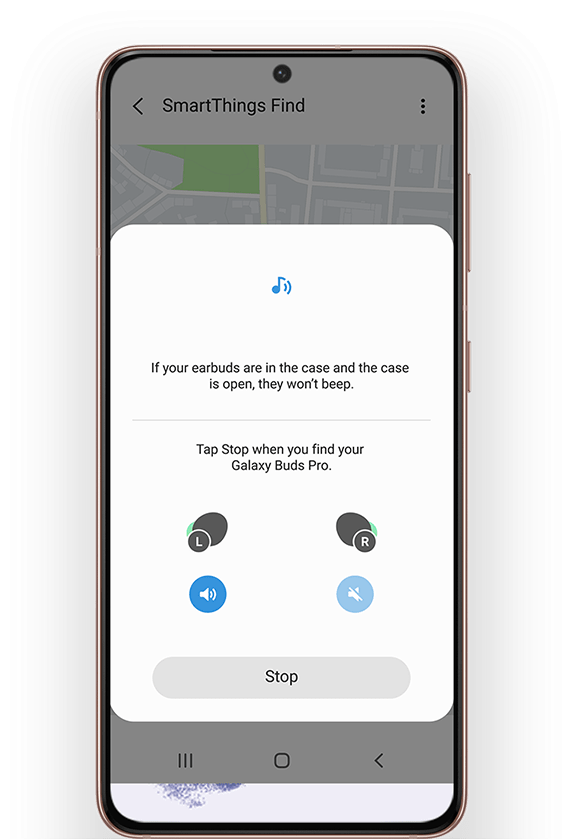 Galaxy smartphone showing the SmartThings Find UI onscreen so the user can find their Galaxy Buds Pro.