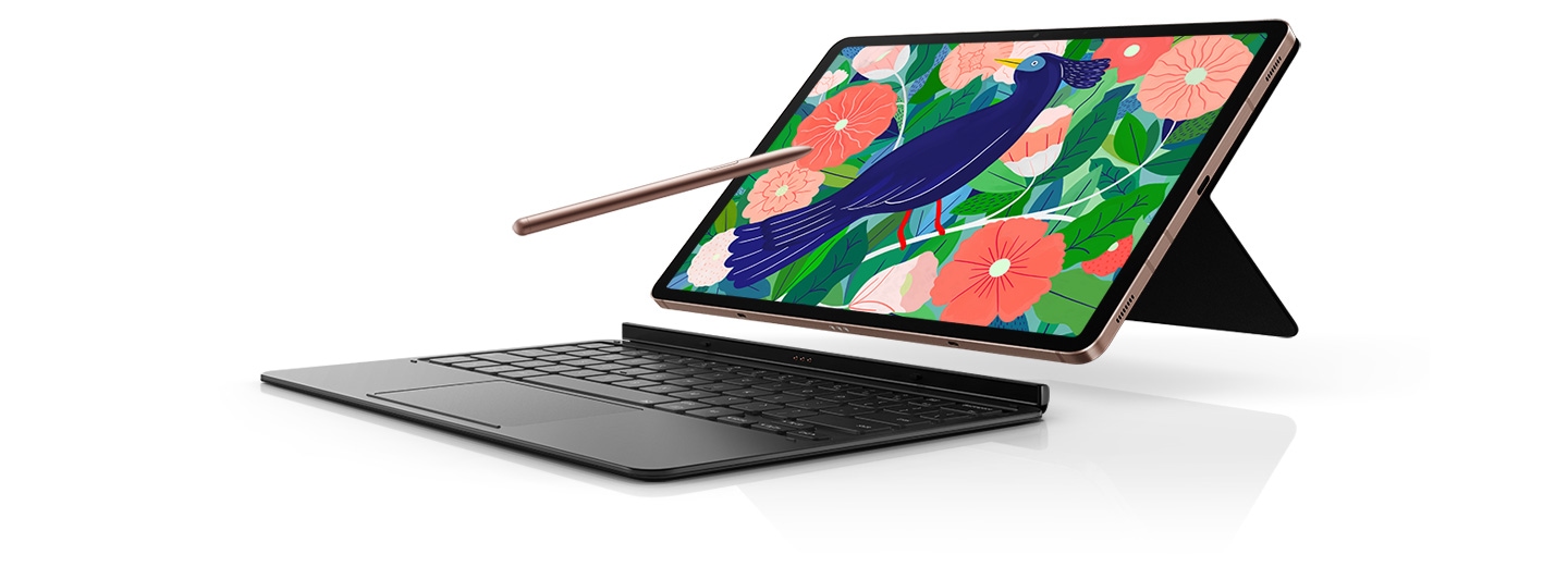 Galaxy Tab S7+ de culoare Mystic Bronze cu husa cu tastatură și S Pen