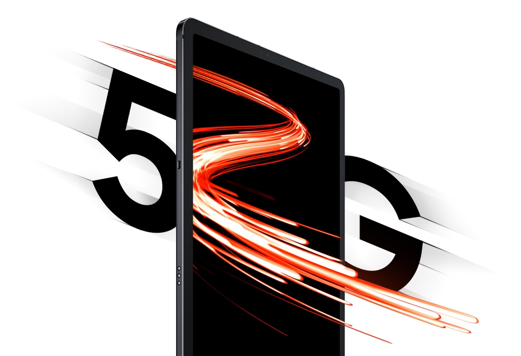 A flash of light goes through Galaxy Tab S7+ as it sits at
                    an angle between 5 and G typography, demonstrating the speed of
                    5G