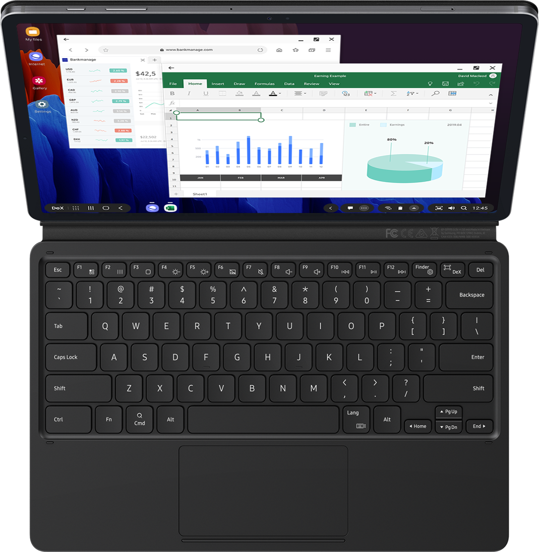 When the magnetic BookCover Keyboard is attached to
                                    Galaxy Tab S7+, you can simply press the DeX hotkey to
                                    complete your PC-like experience