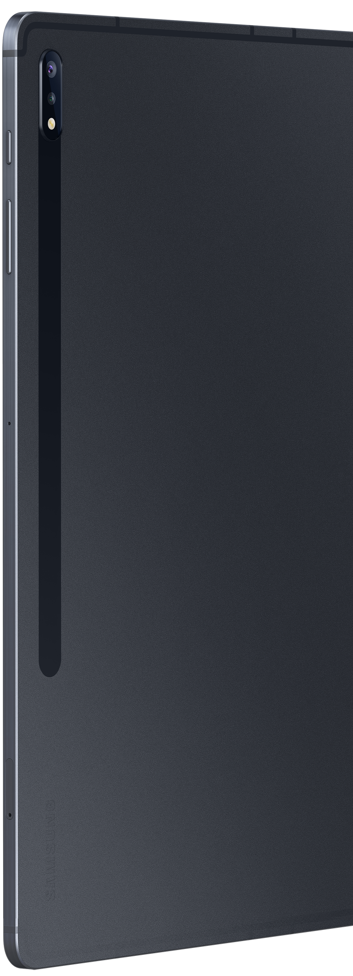 Close-up of Galaxy Tab S7+ in Mystic Black's rear view
                    shows the rear camera placement