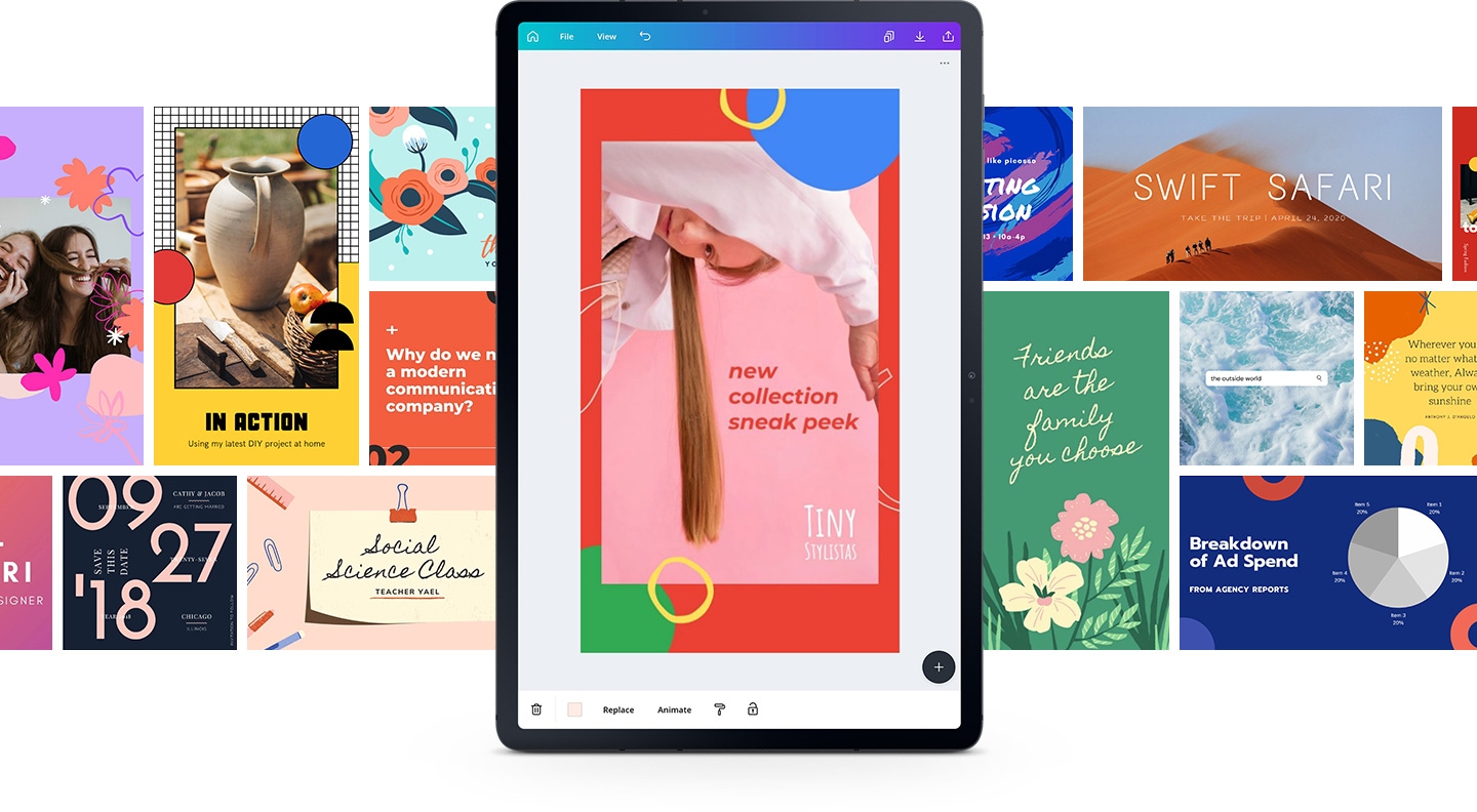 Multiple pro-quality design templates from Canva stretch
                    across the background to show all the options you have in the
                    app. The Canva GUI is seen on Galaxy Tab S7+ with tools that
                    make it easy to create your own designs