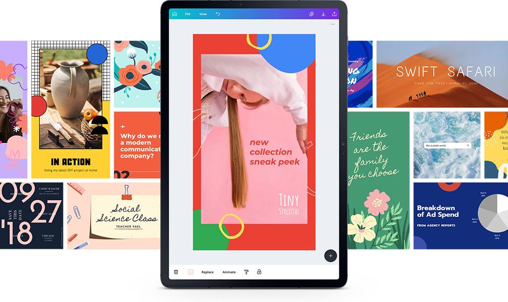 Multiple pro-quality design templates from Canva stretch across the background to show all the options you have in the app. The Canva GUI is seen on Galaxy Tab S7+ with tools that make it easy to create your own designs