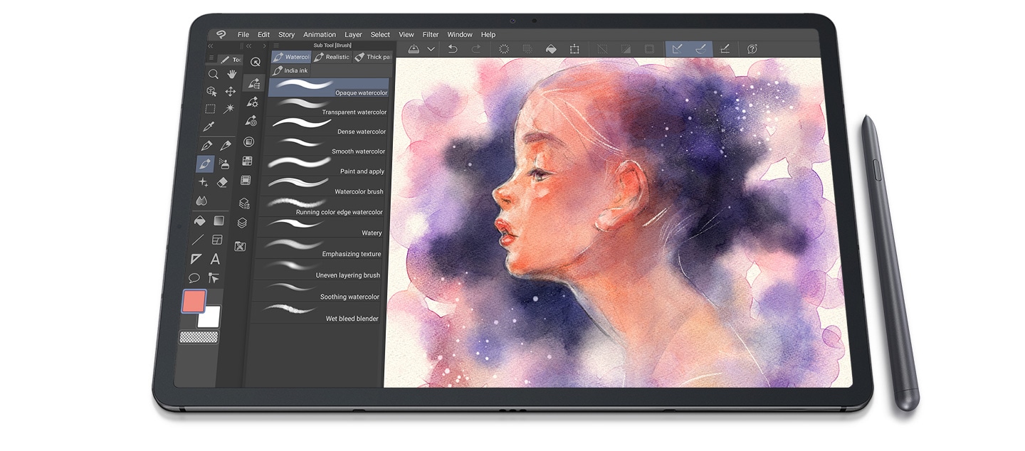 An illustration of a woman created with S Pen using Clip
                    Studio Paint's brush GUI on Galaxy Tab S7+.