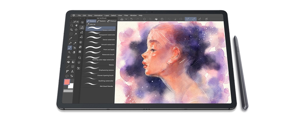 An illustration of a woman created with S Pen using Clip Studio Paint's brush GUI on Galaxy Tab S7+.