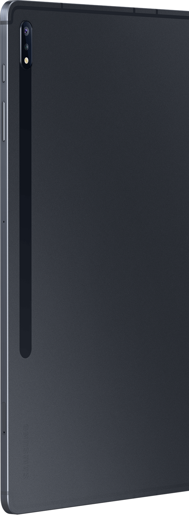 從後面觀看霧光黑的 Galaxy Tab S7+