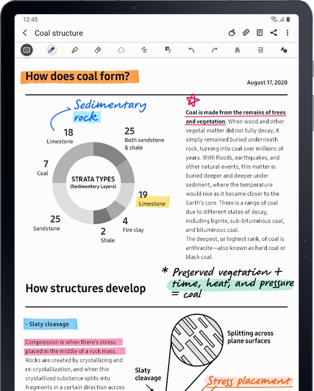 Front view of Galaxy Tab S7+ with a marked-up PDF
                                onscreen