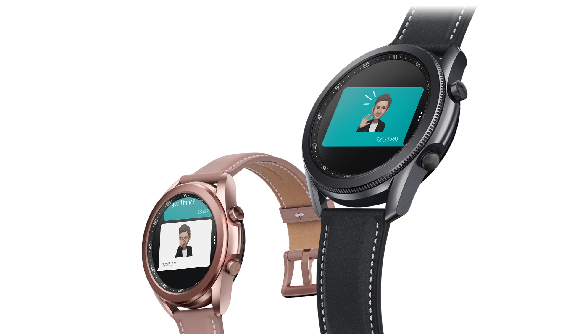 Angled view of 45mm Galaxy Watch3 in Mystic Black and 41mm Galaxy Watch3 in Mystic Bronze. The two show the sending and receiving of Ar emojis through the Message app.