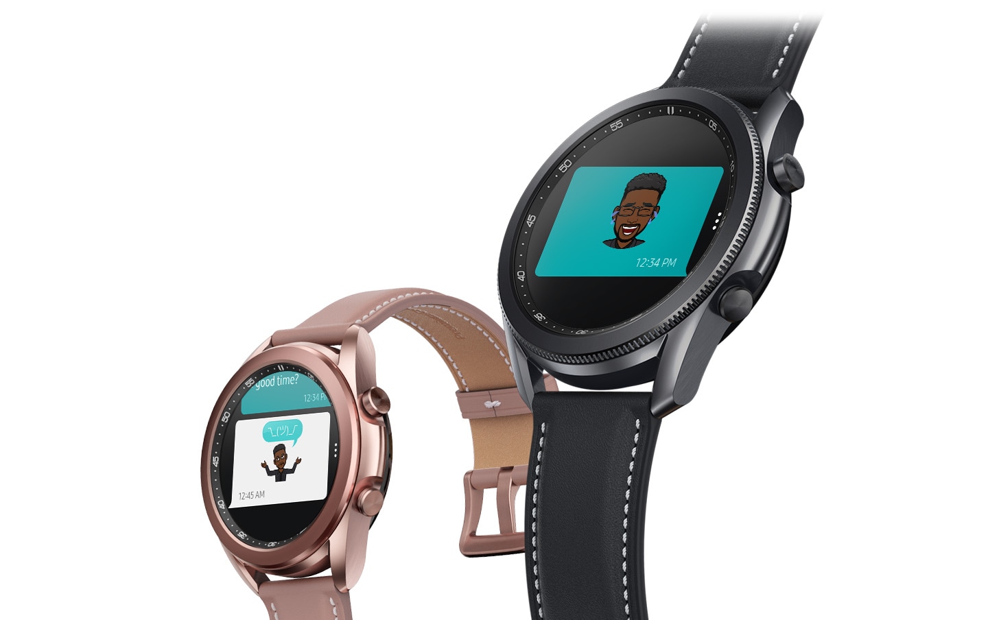 Angled view of 45mm Galaxy Watch3 in Mystic Black and 41mm Galaxy Watch3 in Mystic Bronze. The two show the sending and receiving of Bitmoji emojis through the Message app.