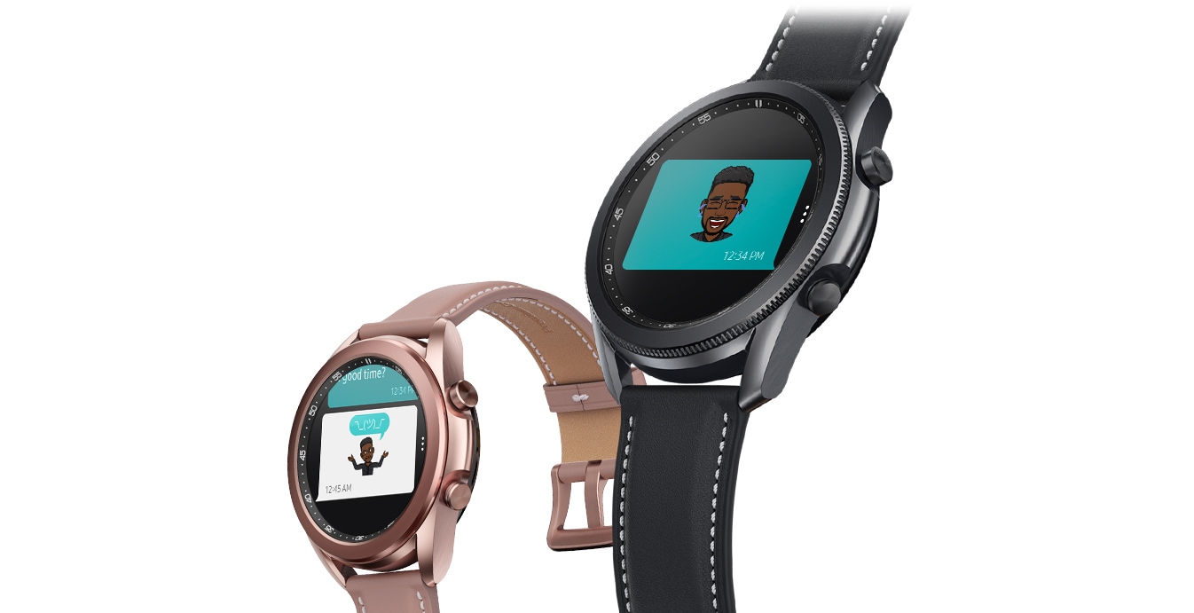 Angled view of 45mm Galaxy Watch3 in Mystic Black and 41mm Galaxy Watch3 in Mystic Bronze. The two show the sending and receiving of Bitmoji emojis through the Message app.