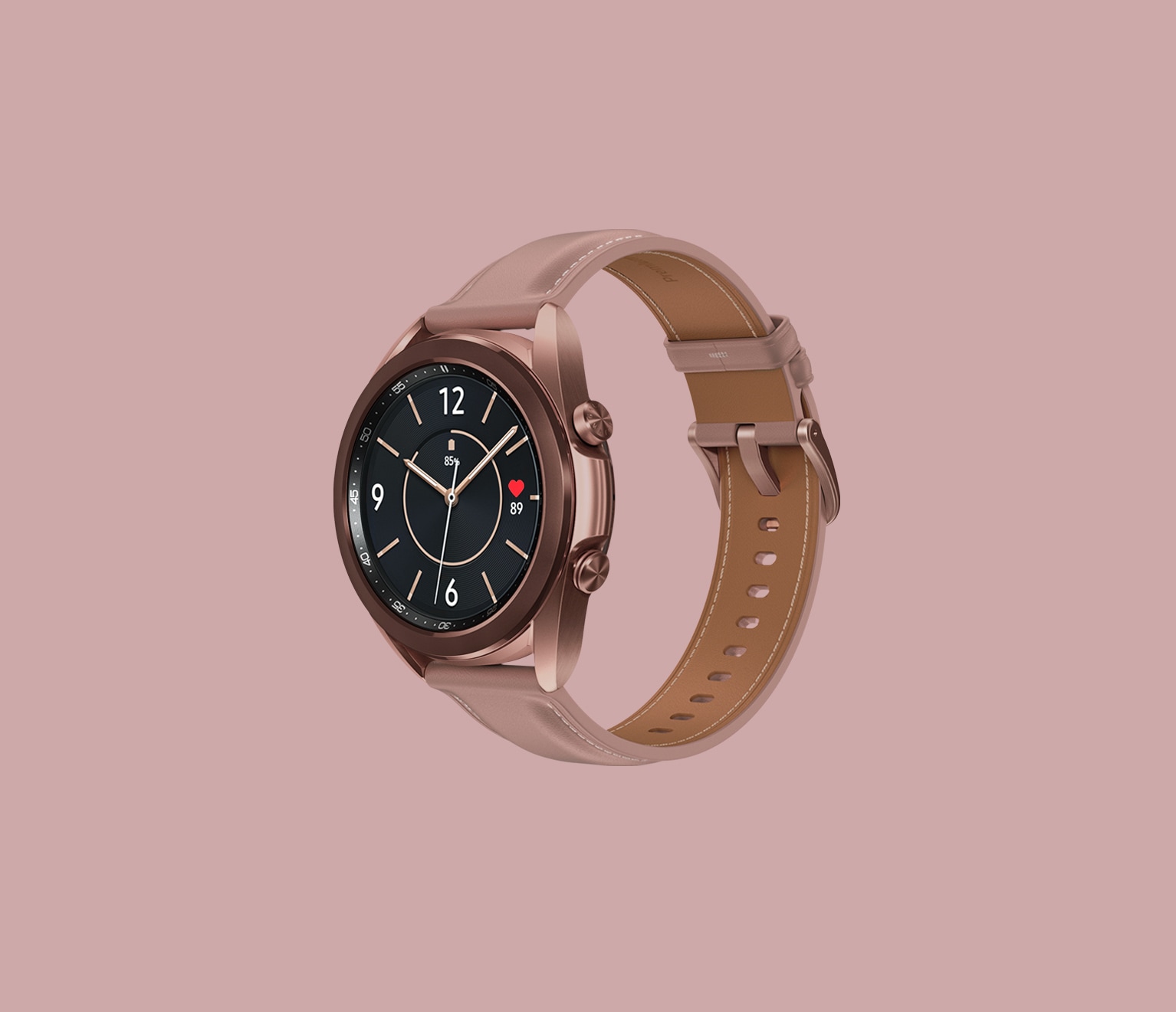 41mm Galaxy Watch3 in Mystic Bronze with a Female Classic Watch Face seen from an angle