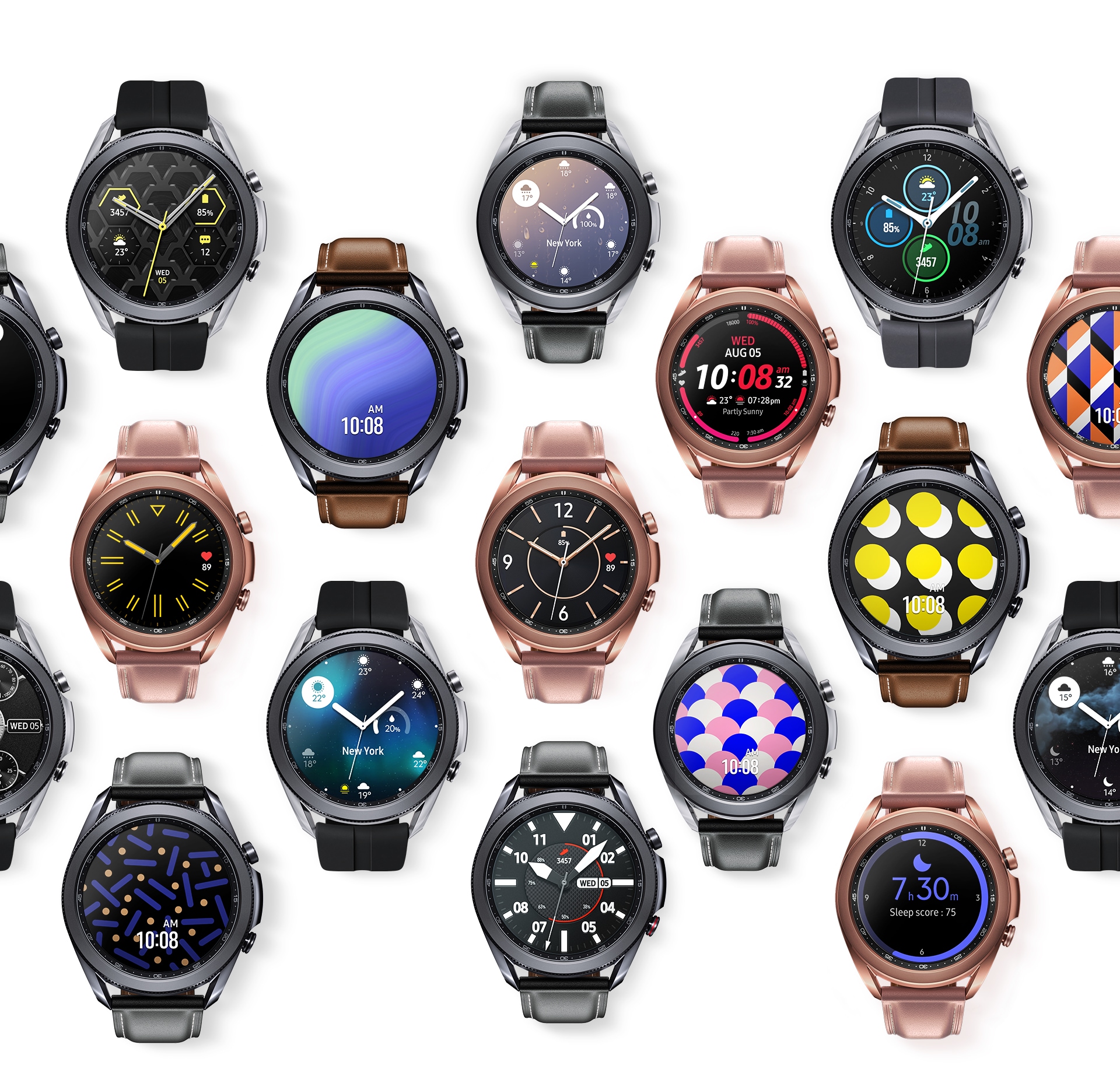 As the 45mm Galaxy Watch3 in Mystic Black rotates, it turns into a 45mm Galaxy Watch3 in Mystic Silver with an Analog Modular watch face. It continues rotating and turns into the 41mm in Mystic Bronze with the Female Classic watch face. Once it stops, multiple Galaxy Watch3’s with different watch faces appear to show all the different combinations.