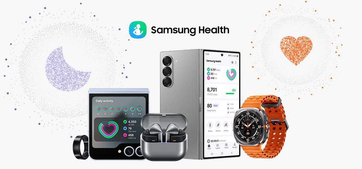 Vidíme seskupená zařízení Galaxy Ring, Galaxy Z Flip6, Galaxy Buds3 Pro, Galaxy Z Fold6 a Galaxy Watch Ultra a nad nimi je text „Samsung Health“. Nad tím se vznášejí velké ikony aplikací pro sledování jednotlivých fází spánku a srdečního tepu.