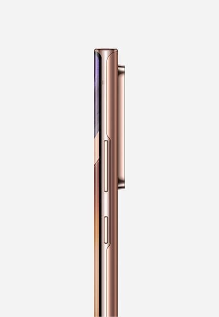 Horní polovina Galaxy Note20 Ultra v provedení Mystic Bronze při pohledu ze strany tlačítka ovládání hlasitosti a tlačítka napájení/Bixby.