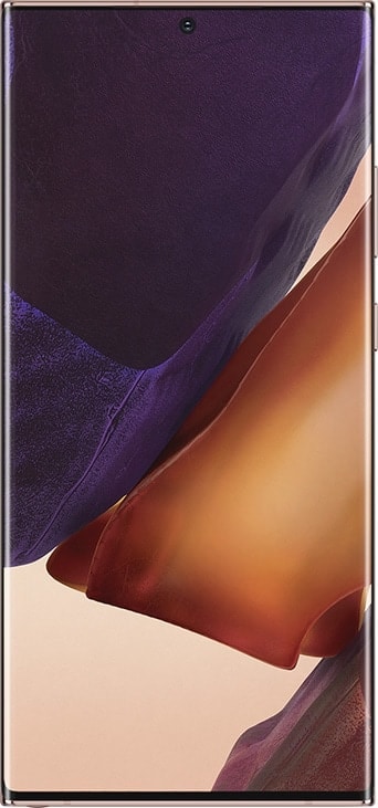 Galaxy Note20 Ultra v provedení Mystic Bronze, zobrazený zepředu s grafickým pozadím plochy na displeji.