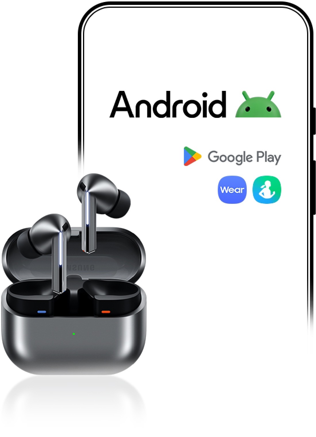 Im Hintergrund ist ein Android-Smartphone mit dem Android-Logo, dem Google Play-Logo und den Symbolen der Galaxy Wearable- und Samsung Health-Apps zu sehen. Im Vordergrund sieht man die Galaxy Buds3 Pro.