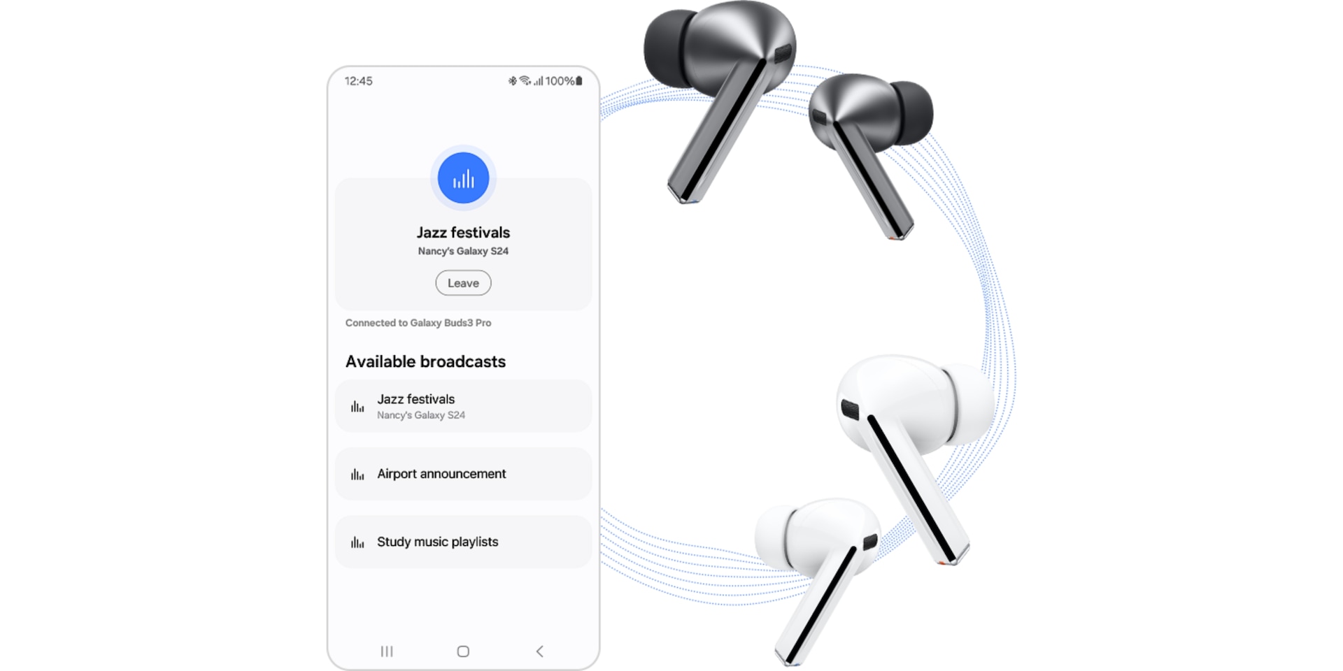 Auf der linken Seite ist die geöffnete Auracast-App zu erkennen. Oben sind ein Paar Galaxy Buds3 Pro in Silver und unten ein Paar Galaxy Buds3 Pro in White zu sehen.