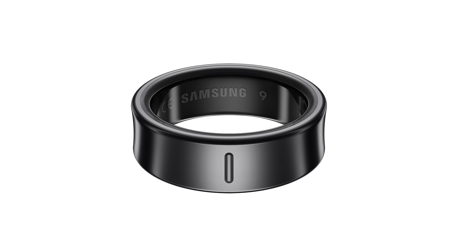 Ein Galaxy Ring in Titanium Black ist zu sehen. Das Samsung Logo und die Ringgröße 9 sind im Inneren des Ringes sichtbar.