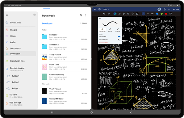 Front view of a Galaxy Tab S9 Series device screen divided into two windows. The one on the left shows a list of large downloaded files in recent days. On the right, scribbles of mathematical equations using GoodNotes app is shown.