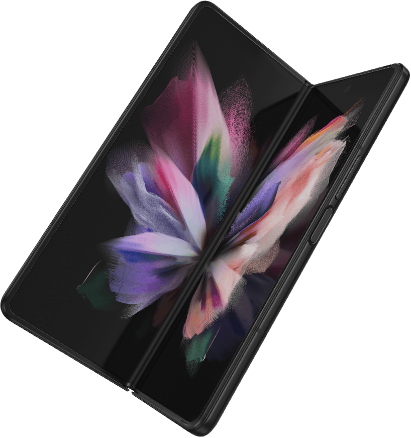 Das Galaxy Z Fold3 5G wird ebenfalls halb zugefaltet gezeigt.