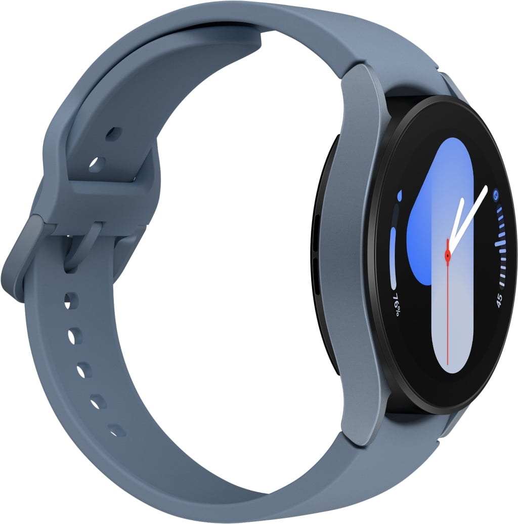 Eine Galaxy Watch5 in Sapphire ist in einer Profilansicht von links und nach rechts gedreht zu sehen. Die Zeit wird durch eine „1“ mit einem Farbverlauf dargestellt. 