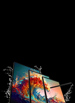 Ein Galaxy Tab S9, S9+ und S9 Ultra sind in einer einzigen Diagonale angeordnet. Alle Bildschirme zeigen das gleiche Hintergrundbild an.