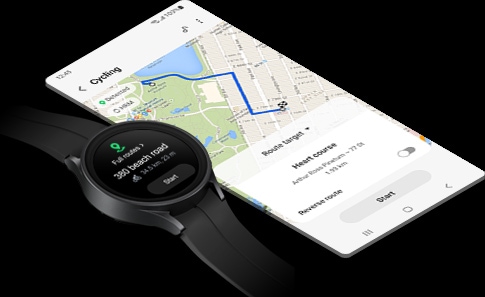 Eine Galaxy Watch5 Pro in Black Titanium zeigt den Startbildschirm eines Routenziels an. Die Informationen umfassen die Adresse und die Entfernung. Daneben zeigt ein Smartphone-Bildschirm das Routenziel mit Google Maps an.