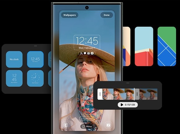 Ein Galaxy S23 Ultra von vorne gesehen mit geöffneten Sperrbildschirmeinstellungen. Der Stil und die Position der Benachrichtigungen und der Uhr können geändert werden, Videos lassen sich verwenden und Hintergründe können durch die Anpassung des Sperrbildschirms geändert werden.