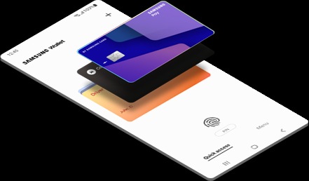 Eine illustrierte Displayansicht zeigt den Bezahlbildschirm von Samsung Wallet. Drei Zahlungskarten schweben in Schichten parallel zum Display. Im unteren Teil des Displays befindet sich ein Fingerabdrucksymbol.