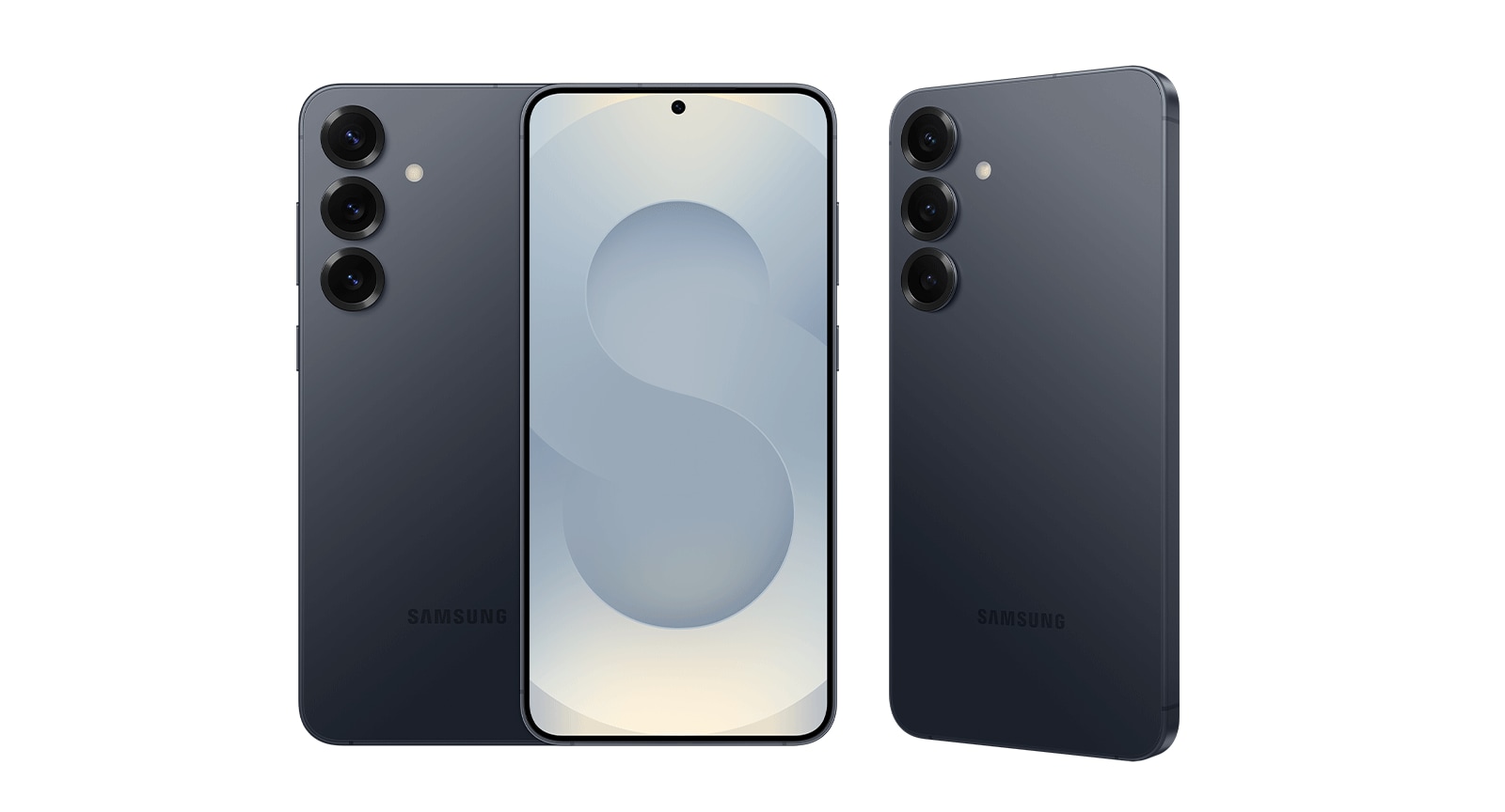 Drei Galaxy S25 Plus in Blueblack befinden sich nebeneinander. Eines ist von hinten, eines von vorne und ein weiteres von hinten leicht angewinkelt zu sehen.
