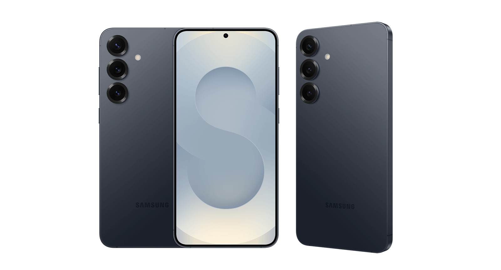 Drei Galaxy S25 Plus in Blueblack befinden sich nebeneinander. Eines ist von hinten, eines von vorne und ein weiteres von hinten leicht angewinkelt zu sehen.