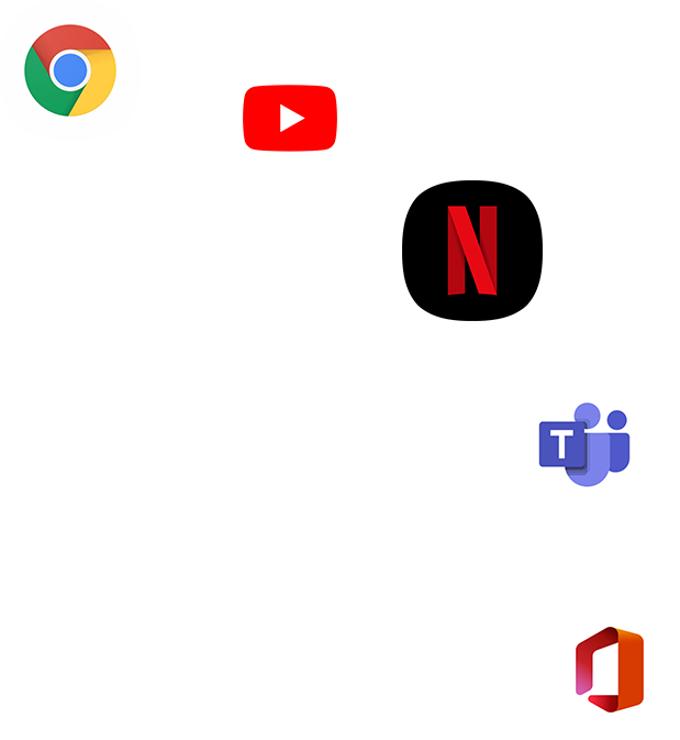 Mehrere App-Symbole bilden einen Bogen, darunter Google Chrome, YouTube, Netflix, Microsoft Teams und Microsoft Office.
