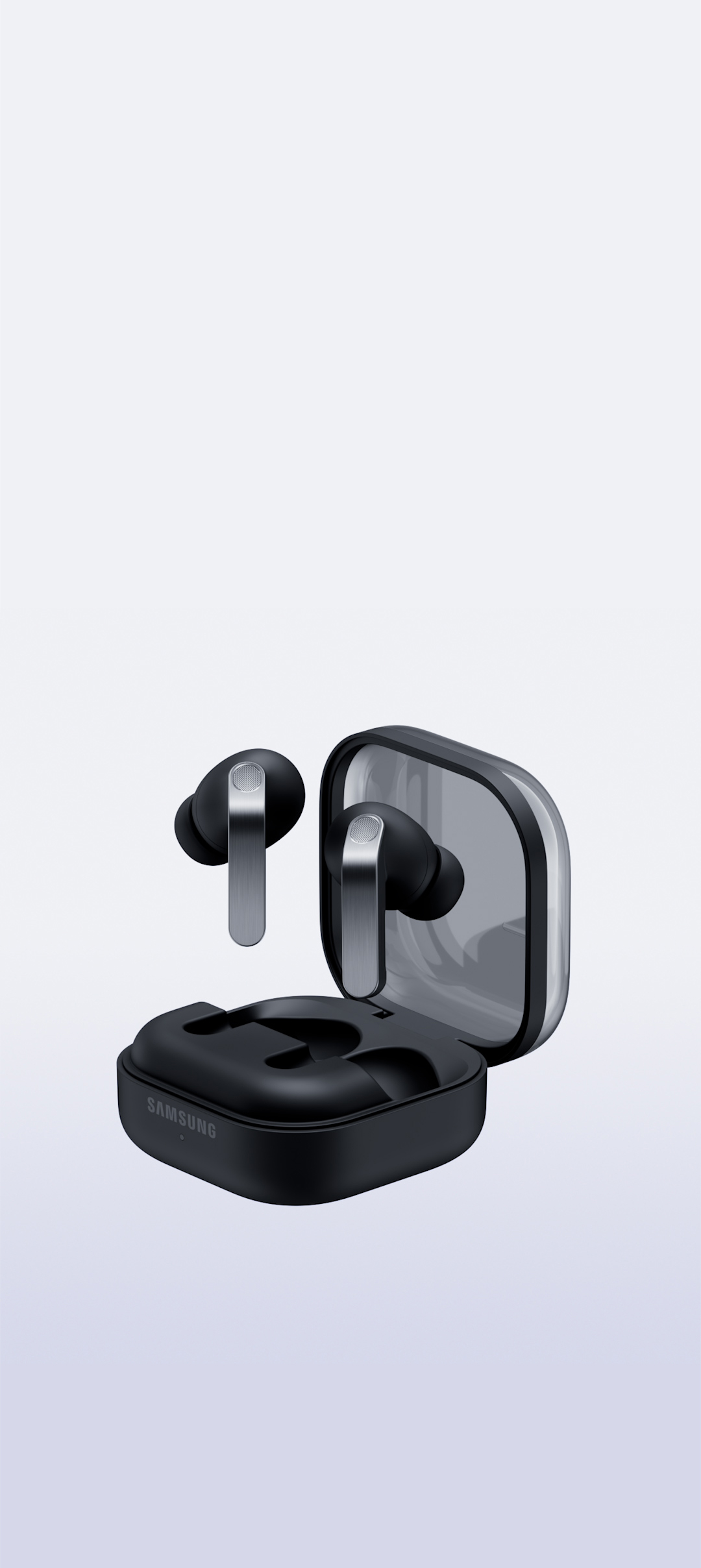 Opladningsetuiet til Galaxy Buds4 Pro i Black er åben med høretelefonerne ovenover.