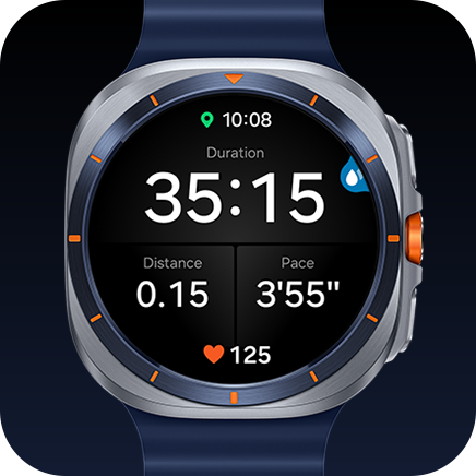 En Galaxy Watch Ultra, der viser træningstracking for åbent vand med varighed, distance og hjerteslag. I det øverste højre hjørne vises en ikon for aktiveret vandlås.