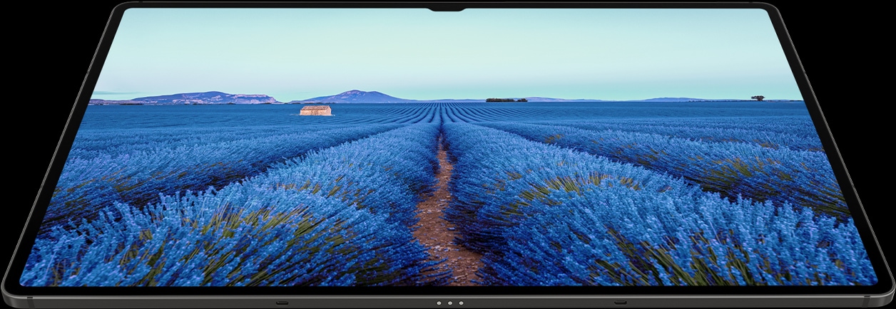 Galaxy Tab S9 Series device in Landscape mode with a blue field wallpaper onscreen, showcasing the vivid colors.