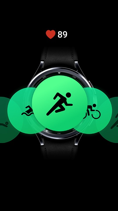 Different workout icons on Galaxy Watch6  Classic  can be seen, indicating that various workout modes are available. A heart icon and the number '89' are shown above the Watch, to indicate the heart rate during the exercise.
