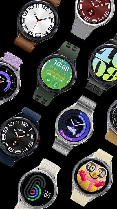 Multiple Galaxy Watch6  Classic  devices in different watch bands displaying different screens can be seen.