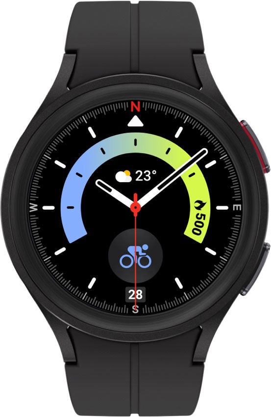 وجه الساعة أسود مع متدرج من الأزرق إلى الأخضر الفاتح، ويعرض الوقت برمز ركوب الدراجات.