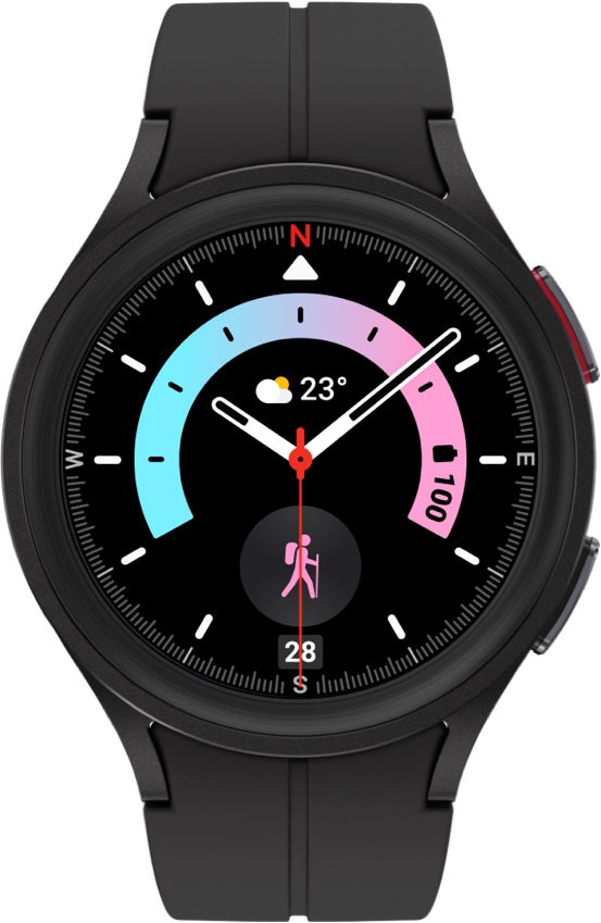 Black with sky blue to light pink gradient watch face, showing the time with a hiking icon