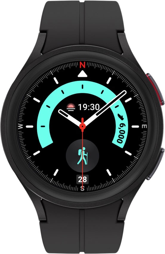 Black and light blue watch face, showing time with hiking icon.