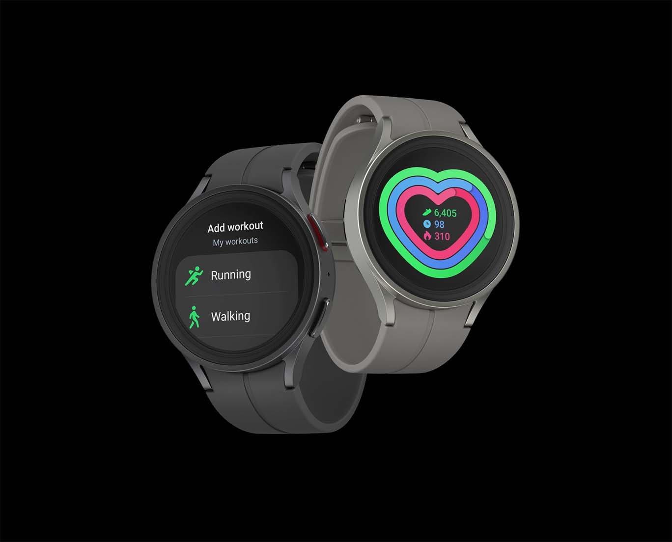 Two Galaxy Watch5 Pro watches intertwined with each other. The black Watch5 Pro on the left displays the “Exercise” interface on the watch face, while the gray Watch5 Pro on the right displays the heart rate screen on the watch face.